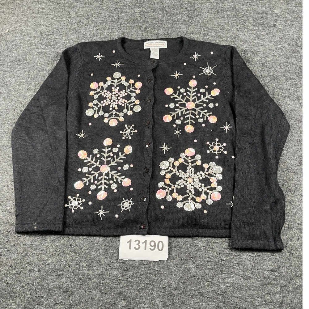 Heirloom Collectibles Cardigan Women Medium Black EX Snowflake Sequin 2004